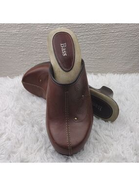 Bass Vickie Brown Etched Leather Upper Slip On Block Heel Boho Style Clog Shoe